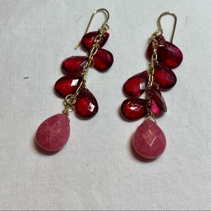Red & Pink Dangle earrings Gold tone ear wire.